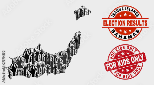 Election Inagua Islands map and seals. Red round For Kids Only grunge seal stamp. Black Inagua Islands map mosaic of raised up referendum arms. Vector collage for referendum results,