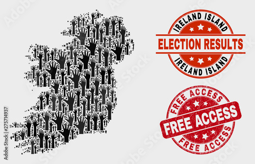 Political Ireland Island map and seal stamps. Red rounded Free Access textured seal stamp. Black Ireland Island map mosaic of raised up help hands. Vector collage for referendum results,