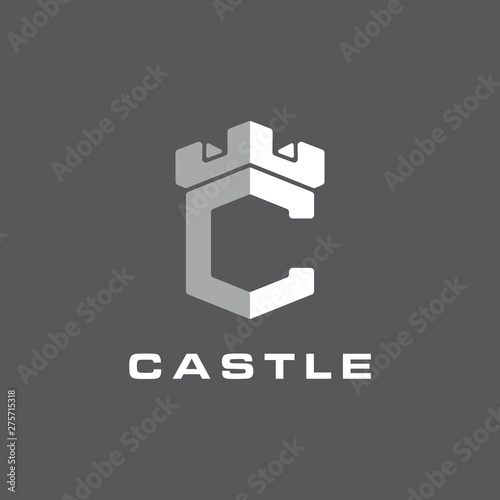 Letter C with castle icon logo.Castle logo with letter C shape