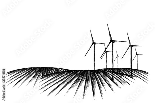 Wind generators hand drawn landscape sketch. Alternative energy sources.