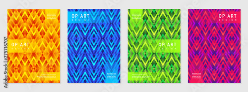 Vector set of cover design template with op art bright geometric patterns, modern different acid colors.