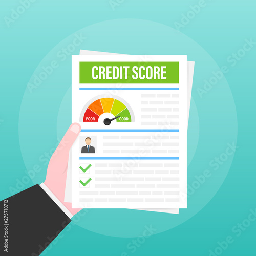Credit score document. Paper sheet chart of personal credit score information. Vector stock illustration.