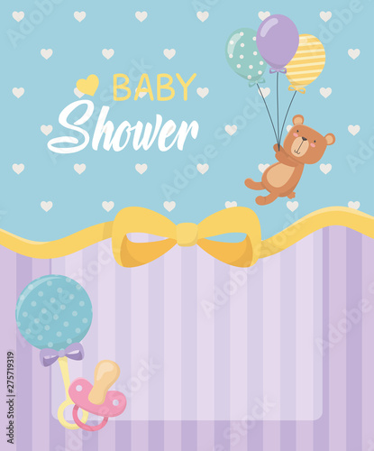 baby shower card with little bear teddy and balloons helium