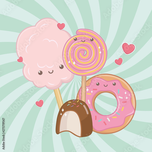 sweet cotton sugar and candies kawaii characters