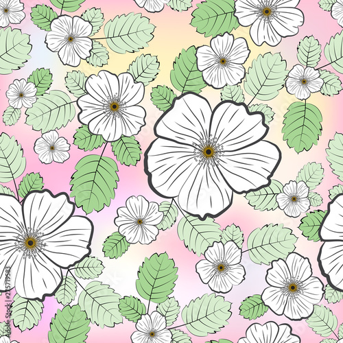 Seamless floral pattern  white dogrose flowers and green leaves  on a light background with colored spots.