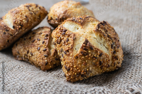 Organic full grain bread with seeds macro view.