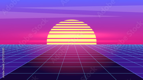 Retro Futurism. Vector futuristic synth wave illustration. 80s Retro landscape with night sun and laser grid.