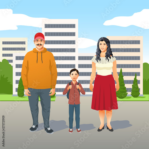 Happy friendly young Latino family with mother, father and their young son standing in a row in the street in front of high-rise apartment blocks or offices in a city. Vector illustration