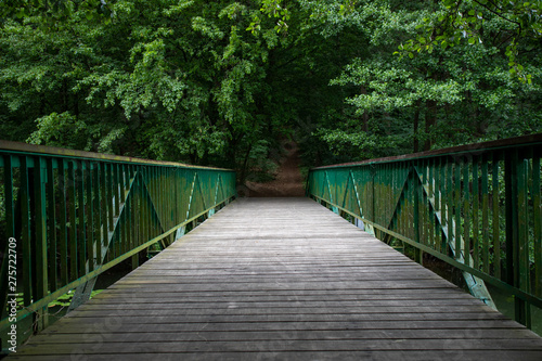 Footbridge over the water leading to the park. Passage over the water in the forest area. photo