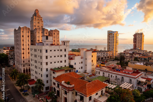 Aerial view of the Havana City, Capital of Cuba, during a colorful cloudy sunrise.