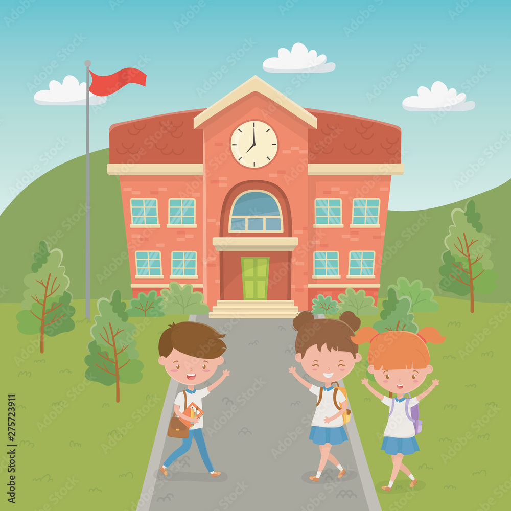 school building with kids in the landscape scene