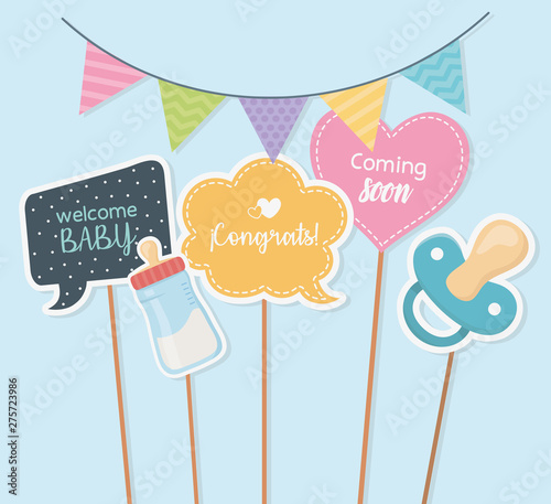 baby shower card with accossories and messages in stick