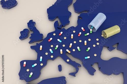 Europa, medicámentos, cápsula, bote, mapa, relieve, 3d, agiotaje, rompecabezas, blanco, azul, farmacos, concepto, abstracta, medicinal, aislada, españa, alemania, finlandia francia, inglaterra, compri