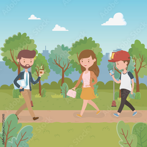 young people walking in the park characters