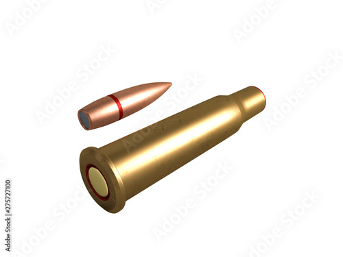 bullet and cartridge 7.62x54R mm  Russian and Soviet army  isolated. 3d rendering
