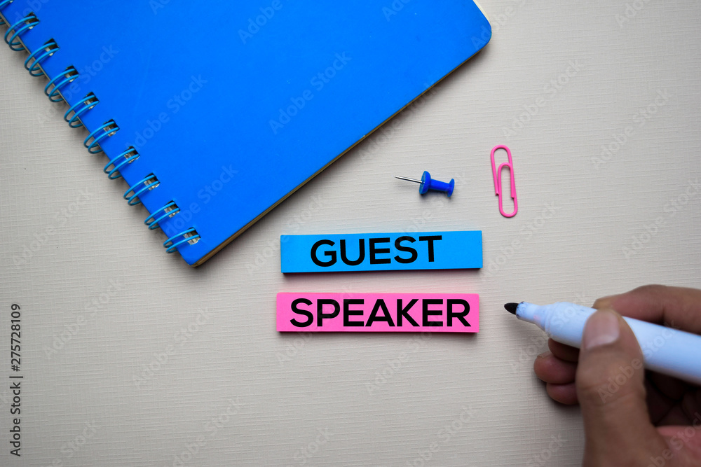 Guest Speaker text on sticky notes with office desk concept Stock Photo ...
