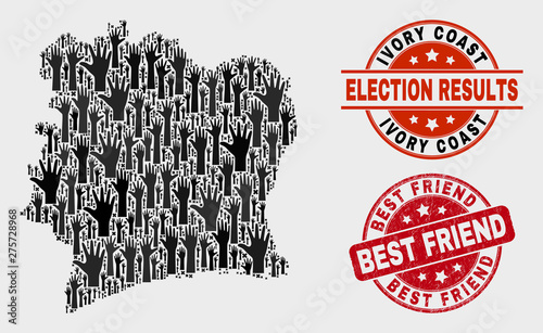 Electoral Ivory Coast map and watermarks. Red round Best Friend grunge seal stamp. Black Ivory Coast map mosaic of raised up selection hands. Vector combination for referendum results,