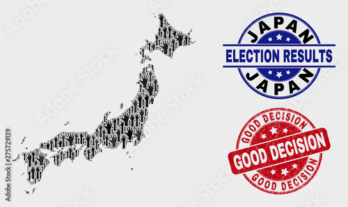 Ballot Japan map and seal stamps. Red round Good Decision distress seal stamp. Black Japan map mosaic of raised up ballot hands. Vector combination for referendum results, with Good Decision stamp.