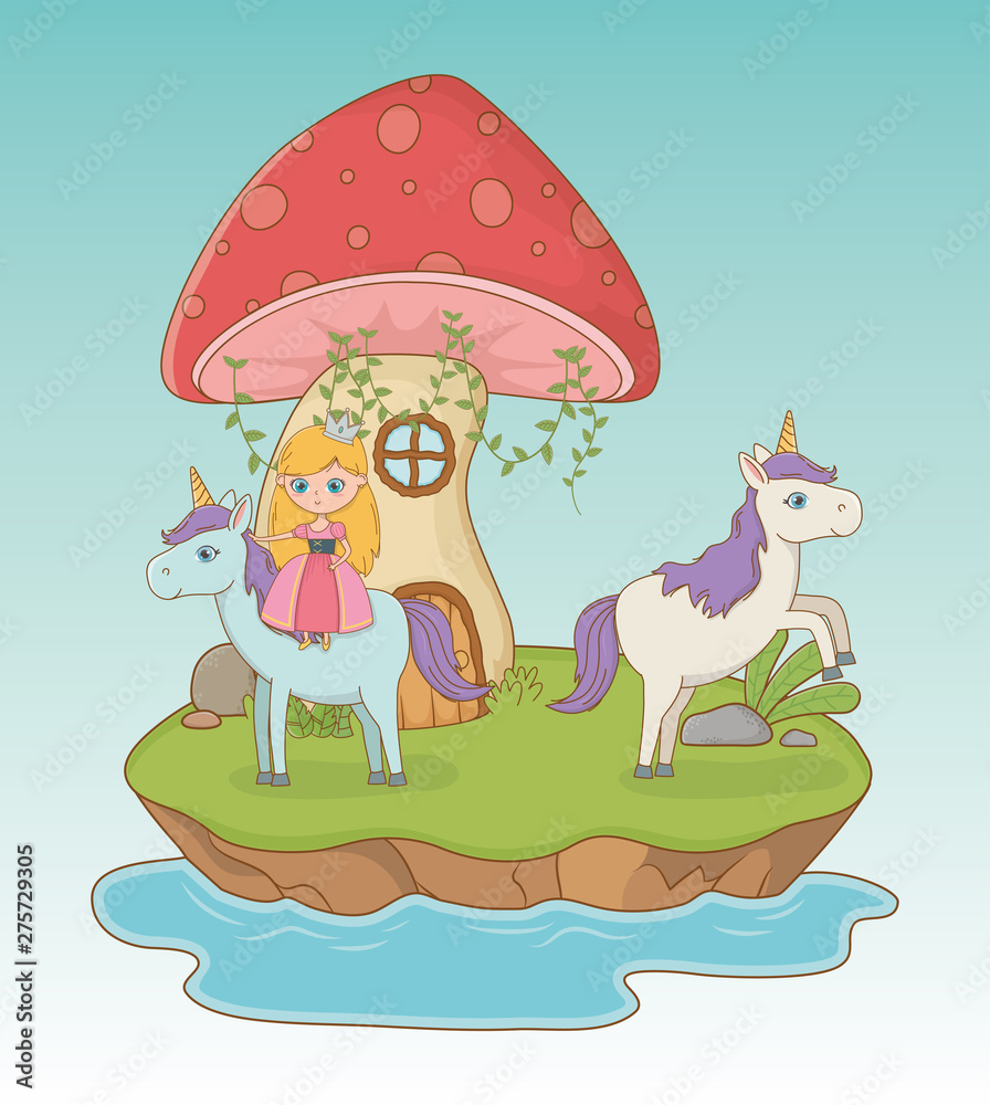 fairytale landscape scene with fungus and princess in unicorn fairytale landscape scene with fungus and princess in unicorn