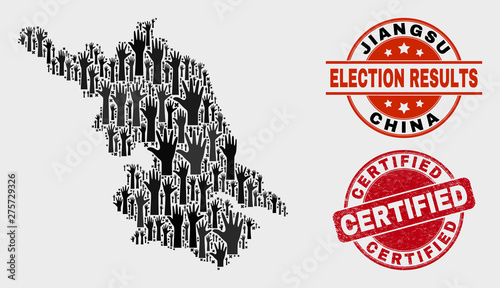 Democracy Jiangsu Province map and seal stamps. Red round Certified distress seal stamp. Black Jiangsu Province map mosaic of upwards voting arms. Vector combination for referendum results,