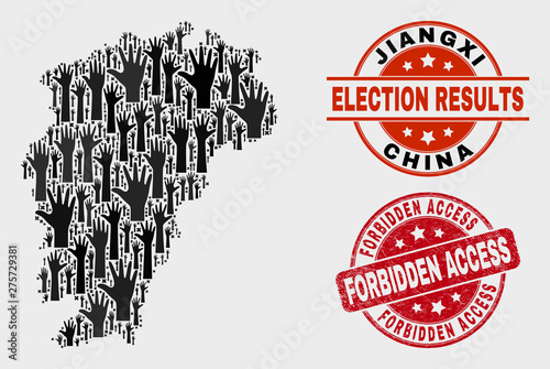 Poll Jiangxi Province map and watermarks. Red round Forbidden Access distress seal stamp. Black Jiangxi Province map mosaic of upwards support arms. Vector combination for referendum results,