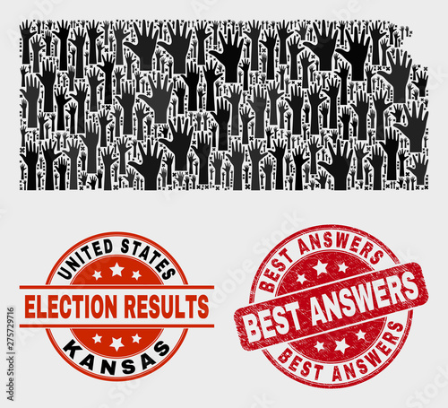 Election Kansas State map and seals. Red round Best Answers grunge seal. Black Kansas State map mosaic of raised help hands. Vector collage for referendum results, with Best Answers seal stamp.