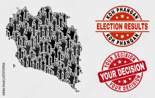 Poll Koh Phangan map and seals. Red round Your Decision grunge seal stamp. Black Koh Phangan map mosaic of raised up referendum hands. Vector combination for election results,