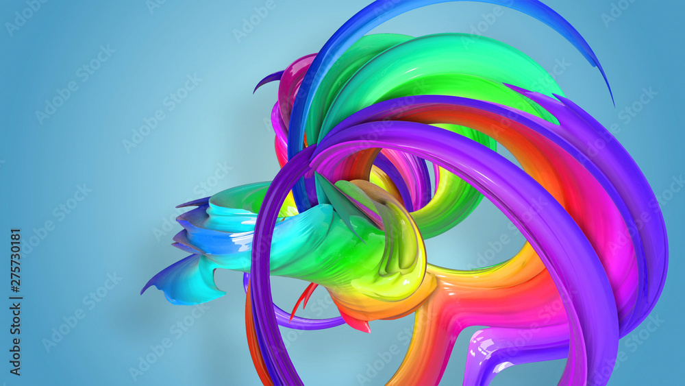 Obraz premium 3d rendering of abstract rainbow color ribbon twisted into a circular structure on a blue background. Beautiful multicolored ribbon glitters brightly. 11