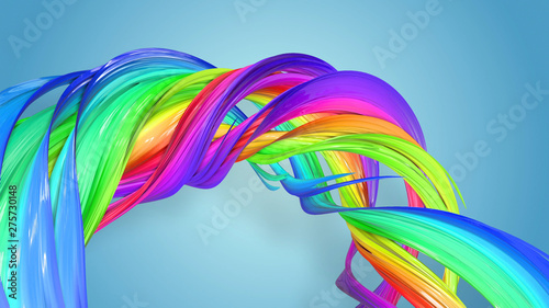 3d rendering of abstract rainbow color ribbon twisted into a circular structure on a blue background. Beautiful multicolored ribbon glitters brightly. 6