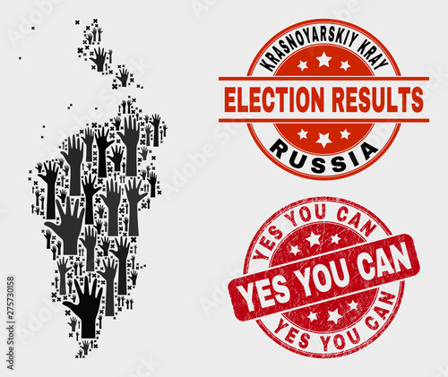 Electoral Krasnoyarskiy Kray map and seal stamps. Red round Yes You Can scratched stamp. Black Krasnoyarskiy Kray map mosaic of raised up referendum hands. Vector combination for referendum results,