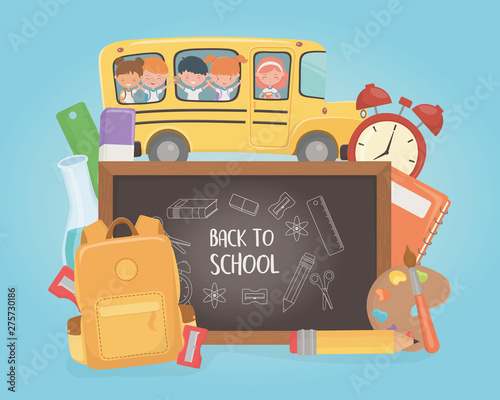 school bus with group of kids and supplies