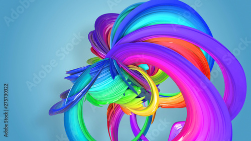 3d rendering of abstract rainbow color ribbon twisted into a circular structure on a blue background. Beautiful multicolored ribbon glitters brightly. 26 © Green Wind
