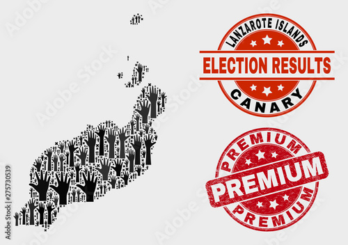 Electoral Lanzarote Islands map and seal stamps. Red round Premium grunge seal stamp. Black Lanzarote Islands map mosaic of raised up referendum arms. Vector collage for referendum results,
