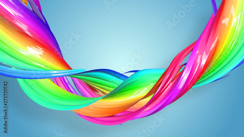 3d rendering of abstract rainbow color ribbon twisted into a circular structure on a blue background. Beautiful multicolored ribbon glitters brightly. 48