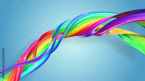3d rendering of abstract rainbow color ribbon twisted into a circular structure on a blue background. Beautiful multicolored ribbon glitters brightly. 52