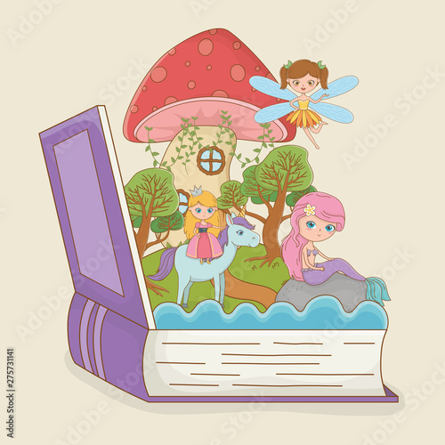 book open with fairytale mermaid with princess in unicorn