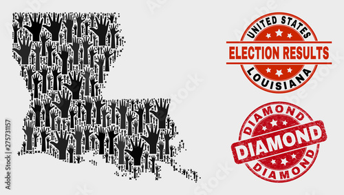 Patriotic Louisiana State map and stamps. Red rounded Diamond scratched stamp. Black Louisiana State map mosaic of raised up referendum hands. Vector combination for referendum results,
