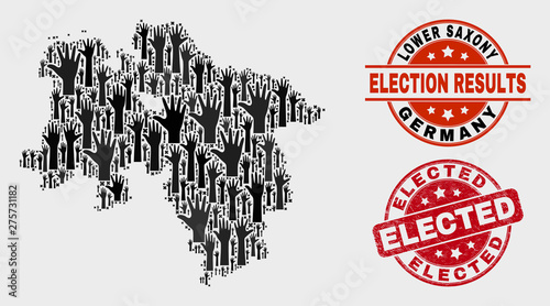 Vote Lower Saxony Land map and seal stamps. Red round Elected scratched seal. Black Lower Saxony Land map mosaic of raised up volunteer arms. Vector combination for referendum results,