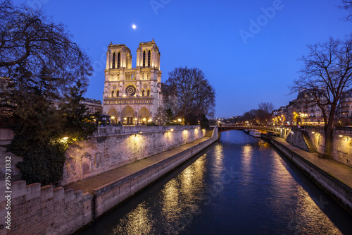 Notre Dame Cathedral in Paris at night, France