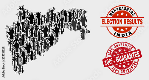 Ballot Maharashtra State map and watermarks. Red round 100% Guarantee grunge watermark. Black Maharashtra State map mosaic of upwards agree arms. Vector composition for referendum results,