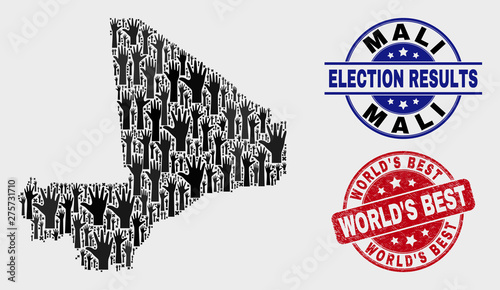 Democracy Mali map and stamps. Red round World'S Best grunge seal stamp. Black Mali map mosaic of raised up choice hands. Vector composition for election results, with World'S Best seal stamp.