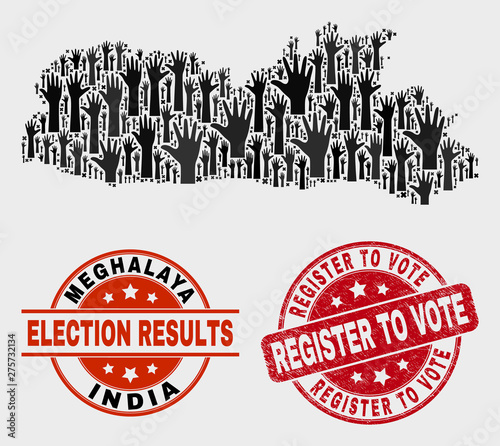 Electoral Meghalaya State map and watermarks. Red rounded Register to Vote distress seal stamp. Black Meghalaya State map mosaic of raised up like arms. Vector composition for referendum results,