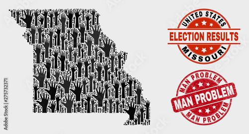 Electoral Missouri State map and seals. Red round Man Problem distress seal stamp. Black Missouri State map mosaic of raised electoral arms. Vector composition for ballot results,
