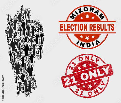 Patriotic Mizoram State map and seal stamps. Red round 21 Only grunge seal stamp. Black Mizoram State map mosaic of raised electoral arms. Vector collage for ballot results, with 21 Only stamp.