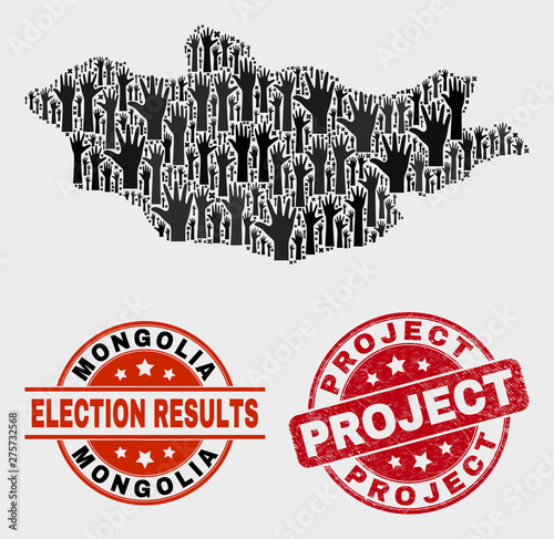 Electoral Mongolia map and watermarks. Red rounded Project textured seal stamp. Black Mongolia map mosaic of upwards agree hands. Vector composition for referendum results, with Project seal stamp.