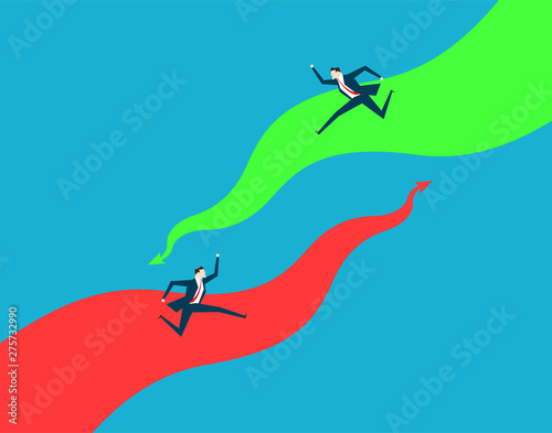 Financial stock market, business people standing on different arrows