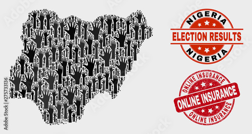 Vote Nigeria map and seal stamps. Red round Online Insurance distress seal stamp. Black Nigeria map mosaic of raised up ballot arms. Vector collage for referendum results,