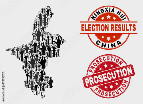 Democracy Ningxia Hui Region map and seals. Red round Prosecution scratched seal stamp. Black Ningxia Hui Region map mosaic of upwards vote hands. Vector composition for referendum results,