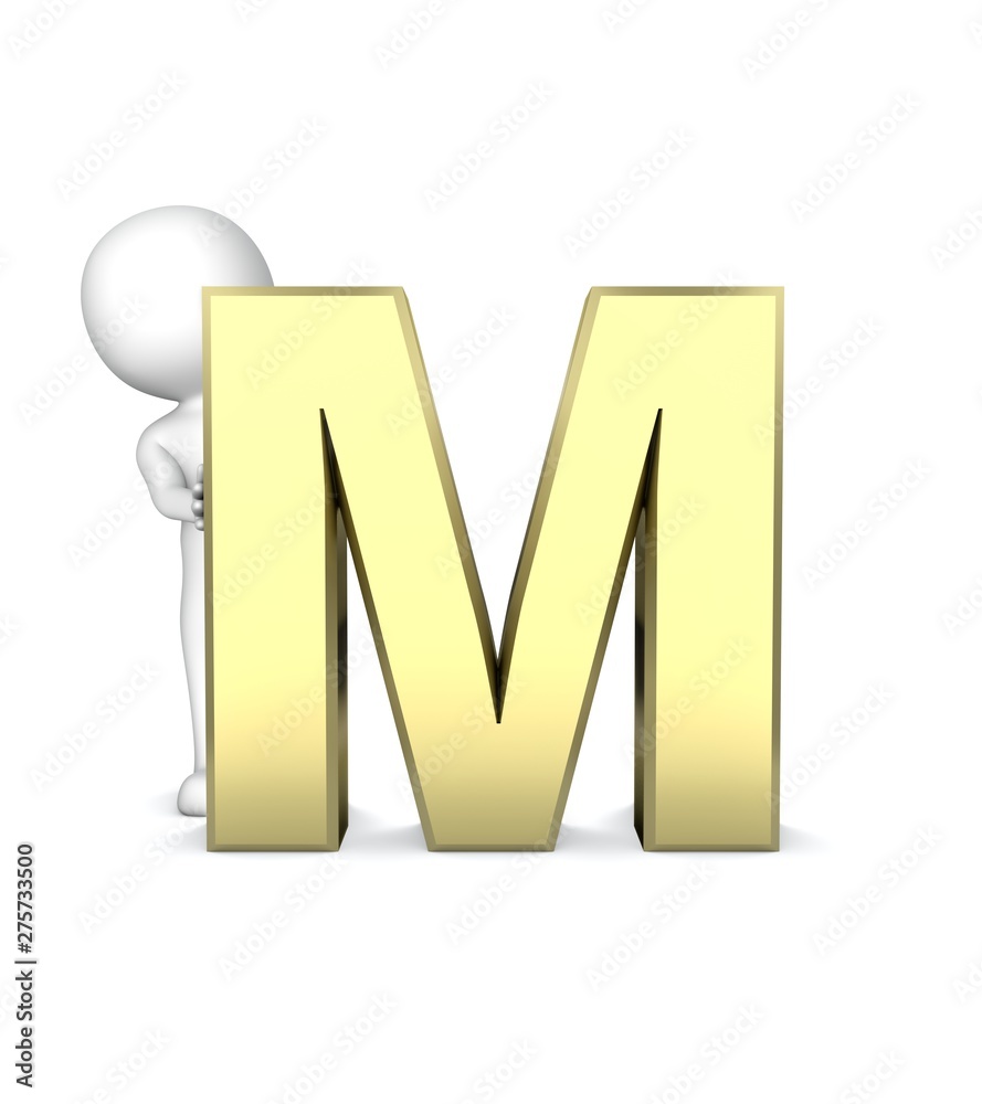 3D Human standing behind of the ''M'' letter symbol. 3D Rendering. 3D Human standing behind of the ''M'' letter symbol. 3D Rendering.