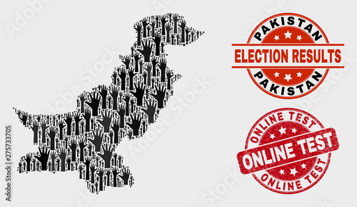 Democracy Pakistan map and seal stamps. Red round Online Test distress seal. Black Pakistan map mosaic of raised ballot hands. Vector collage for referendum results, with Online Test seal.